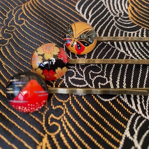 Makie-Ohajiki Geisha Hair Pin- Valentines day gift -Traditional Japanese Hair Accessory- Japanese craft - Mt Fuji-Cherry Blossom- Plum-Rare