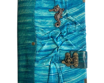 Vintage-Skizzenbuch – Notizbuch – A5 – Seepferdchen – Leder – handgefertigt – ungebleichtes Papier – Tagebuch – Geschenktipp – Blau