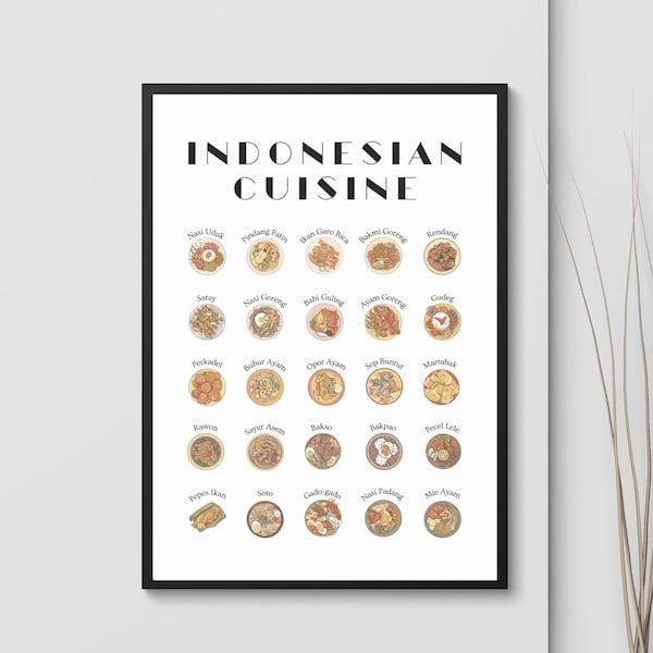 Indonesian Cuisine Art Print, Digital Poster, Indonesian Food Printable Wall Art, Satay Food Art, Rendang, Indonesia Culture, Rawon Download