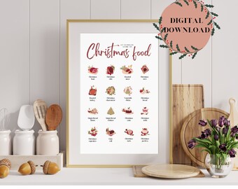 Christmas Food Printable Wall Art, Poster Christmas Party, Christmas Poster, Food Digital Download, Christmas Kitchen Print, Home Decoration