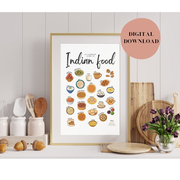 Indian Food Printable Wall Art, Cooking gift for Women, Food Digital Poster, Kitchen Print Artwork, Indian Home Decor