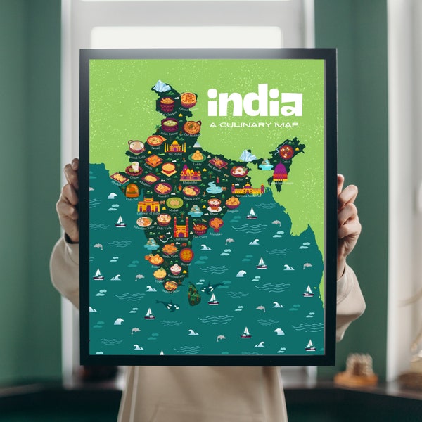 Culinary Map of India, Digital Poster, Indian Food Map Printable Wall Art, Cooking gift for Women, Kids Map, Colorful Map Print