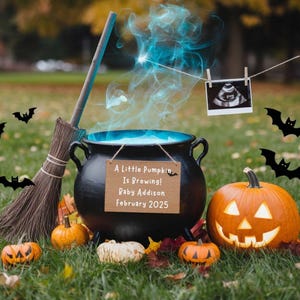 Magical Halloween Pregnancy Announcement, Witch October Baby Announcement, Digital EDITABLE Gender Neutral Baby Reveal,Pumpkin