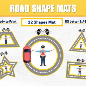 Może przedstawiać: Obraz mat drogowych z tekstem "Road Shape Mats". Obraz przedstawia różne kształty dróg, w tym koło, trójkąt i gwiazdę, każdy z postacią policjanta drogowego z kreskówek i szachownicami. Tekst zawiera "Ready to Print", "12 Shapes Mat" i "US Letter & A4 Sizes".