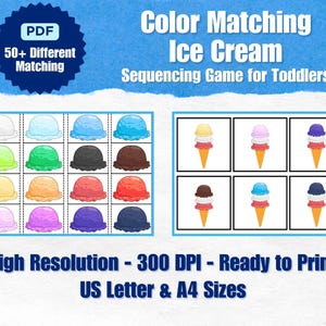 Pode incluir: Um jogo de correspondência de cores imprimível para crianças pequenas com bolas e cones de sorvete. O jogo inclui várias cores de bolas de sorvete para combinar. O texto na imagem diz "Color Matching Ice Cream Sequencing Game for Toddlers".