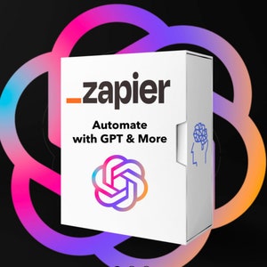 May include: White box with the text "Zapier" and "Automate with GPT & More" in black text. The Zapier logo is a stylized infinity symbol in blue and grey. A blue and grey brain icon is in the top right corner of the box.