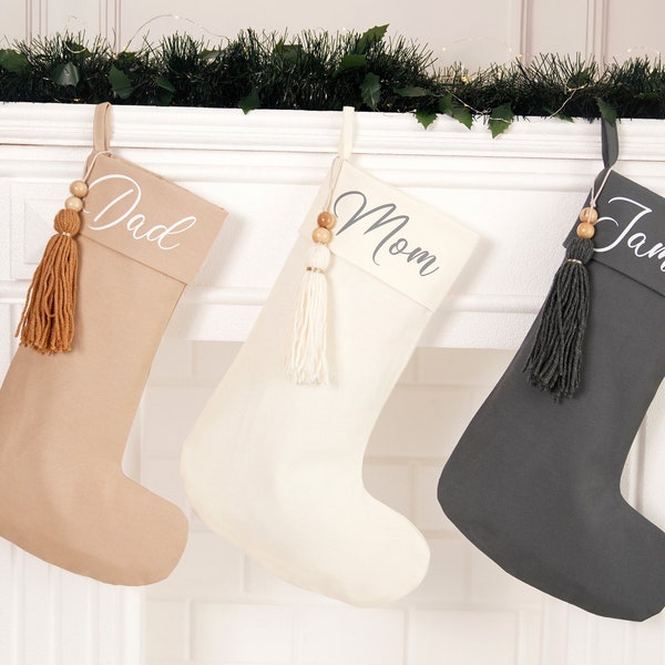 Personalized Christmas Stocking, Custom Name Tassel Christmas Stocking, Monogram Family Stockings, Farmhouse Christmas Stockings