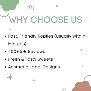 May include: White background with the text "WHY CHOOSE US" in green. Bullet points highlight fast replies, 400+ 5-star reviews, fresh sweets, and aesthetic label designs. Decorative shapes in green, pink, and brown.