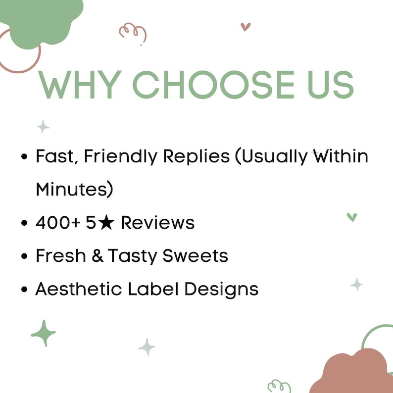 May include: White background with the text "WHY CHOOSE US" in green. Bullet points highlight fast replies, 400+ 5-star reviews, fresh sweets, and aesthetic label designs. Decorative shapes in green, pink, and brown.