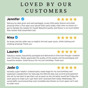 May include: Image featuring customer reviews with text: "LOVED BY OUR CUSTOMERS." Reviews include positive feedback on party favors, sweets, and packaging. Each review is accompanied by a five-star rating.