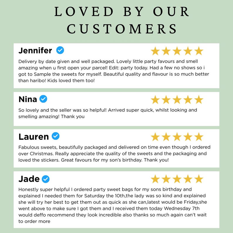 May include: Image featuring customer reviews with text: "LOVED BY OUR CUSTOMERS." Reviews include positive feedback on party favors, sweets, and packaging. Each review is accompanied by a five-star rating.