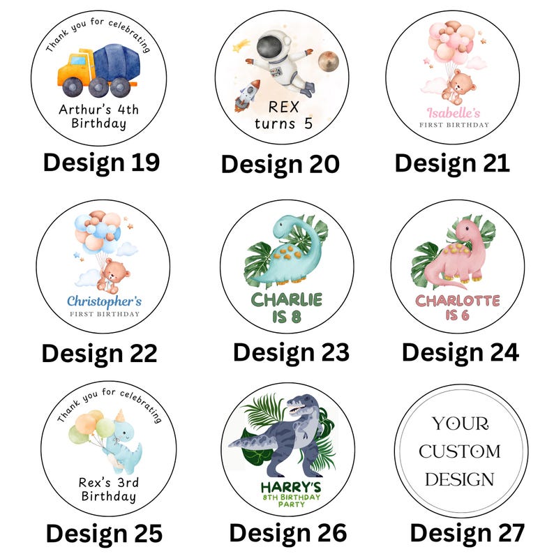 May include: A collection of round stickers with various designs for birthdays. Designs include a construction truck, an astronaut, teddy bears with balloons, and dinosaurs. Text includes names and ages.