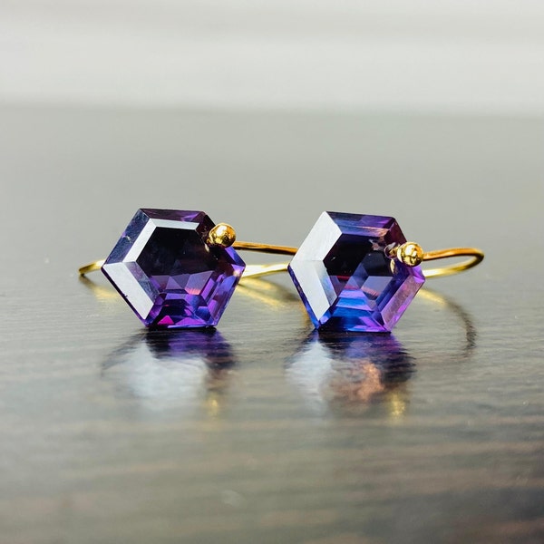 Purple Amethyst Earrings, 925 Sterling Silver Earrings, Hexagon Cut Gemstone Earrings For Women