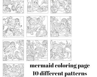 Puede incluir: Una colección de diez páginas para colorear de sirenas en blanco y negro. Cada página presenta un diseño de sirena diferente con varios elementos submarinos como corales, peces y tortugas. El texto en la parte inferior dice "mermaid coloring page 10 different patterns printable pdf."