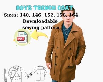 Boys Trench Coat Sewing Pattern – Classic PDF Coat with Belt & Lining – Sizes 140–164