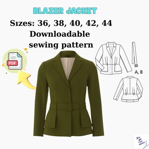Puede incluir: Chaqueta blazer verde oliva con cinturón a juego y dos bolsillos delanteros. La imagen incluye un patrón de costura descargable con tallas 36, 38, 40, 42 y 44. El texto "BLAZER JACKET" está en la parte superior.