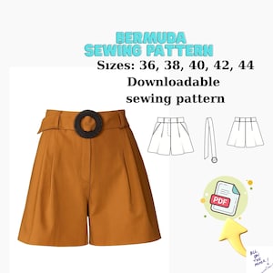 May include: A mustard-colored Bermuda shorts sewing pattern with a black circular belt buckle. The image includes a PDF icon and the text "BERMUDA SEWING PATTERN" and "Sizes: 36, 38, 40, 42, 44".