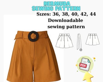 Patrón de costura en PDF para bermudas – Shorts plisados de cintura alta con cinturón – Tallas 36-44