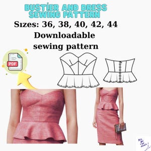 Op de afbeelding: Een downloadbaar naaipatroon voor een bustier en jurk. De afbeelding toont een roze bustier en jurk, samen met lijntekeningen van de bustier. Het patroon bevat maten 36, 38, 40, 42 en 44.