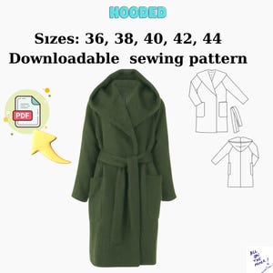 Patrón de costura de abrigo con capucha en PDF: Chaqueta larga forrada con cinturón (tallas 36-44)