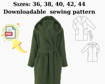 PDF Hooded Coat Sewing Pattern – Lined Long Jacket with Belt – Sizes 36–44
