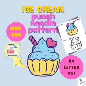 May include: A printable PDF pattern for a blue and yellow ice cream cone shaped mug rug. The pattern includes an original and reflected design. The text on the image reads "ICE CREAM punch needle pattern, MUG RUG, PDF, A4 LETTER PDF, ALL ON THE PAPER!"
