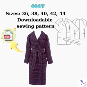May include: A downloadable sewing pattern for a coat, sizes 36-44. The image shows a purple and gray striped coat with a belt, along with a line drawing of the coat and a PDF icon.