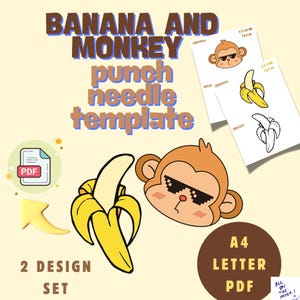 Può includere: Un download digitale di due modelli di ricamo a punto ago stampabili che rappresentano una banana e una scimmia con occhiali da sole. I modelli sono disponibili in formato A4 e Letter e sono etichettati "2 Design Set".