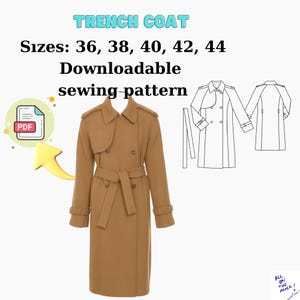 Puede incluir: Un patrón de costura de gabardina color canela con el texto "TRENCH COAT" y "Tallas: 36, 38, 40, 42, 44 Patrón de costura descargable". La imagen incluye un icono PDF y un dibujo lineal del abrigo.