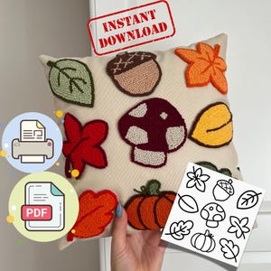 Patrón de bordado con aguja mágica de hojas de otoño / Plantilla para cojín DIY (PDF)