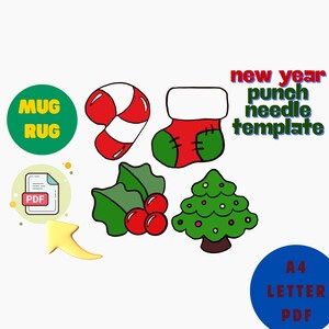 Puede incluir: Ilustraciones con temática navideña, que incluyen un bastón de caramelo, un calcetín, acebo y un árbol de Navidad. La imagen también incluye el texto "new year punch needle template", "MUG RUG" y "A4 LETTER PDF".