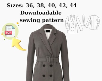 Patron de couture PDF pour blazer avec ceinture : veste doublée avec revers (tailles 36-44)