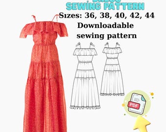 Boho Summer Dress PDF Sewing Pattern – Maxi Ruffle Dress with Elastic Waist – Sizes 34–44