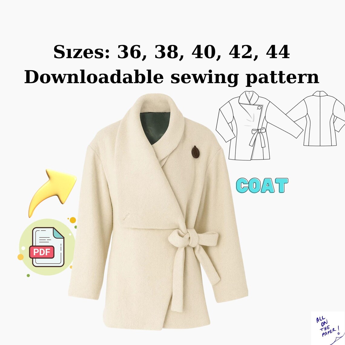PDF Jacket Sewing Pattern – Women's Wrap Wool Jacket With Lining & Belt ...