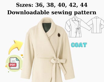 PDF Jacket Sewing Pattern – Women's Wrap Wool Jacket with Lining & Belt – Sizes 36–44
