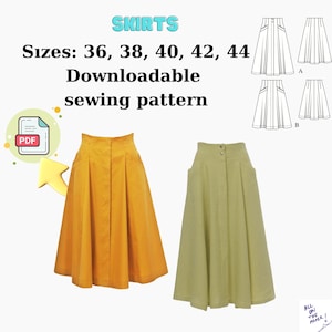 May include: A downloadable sewing pattern for skirts, featuring two skirt styles in sizes 36, 38, 40, 42, and 44. The image shows a mustard yellow skirt and a light green skirt, along with technical drawings.