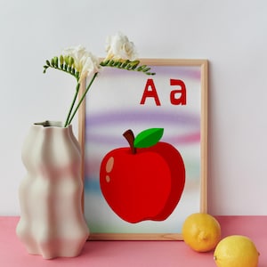 Póster divertido del alfabeto de manzanas: Letra A, póster educativo con temática de manzanas