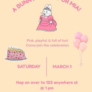 Puede incluir: Invitación a una Bunny Party para Mia, con un conejo de dibujos animados con un vestido rosa y una corona. La invitación incluye una tarta, globos y la fecha, sábado 1 de marzo, con un número de teléfono RSVP.