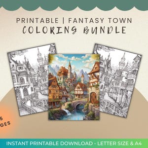 Coloriages de villes fantastiques | 25 modèles de villages et châteaux magiques | Livre de coloriage imprimable de maisons fantaisistes