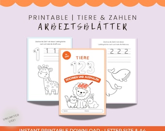 Learning Numbers for Kids – Animals & Numbers Coloring Worksheets | Preschool, Kindergarten, Homeschooling | Printable PDF German