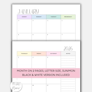 2026 Monthly Calendar Printable, Letter Size Month At a Glance (Instant Download)