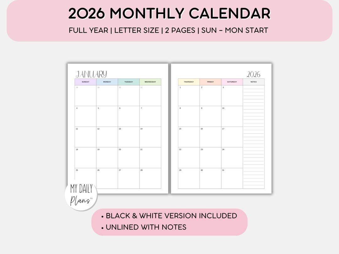 2026 Monthly Calendar Printable, Letter Size Month at a Glance (instant ...
