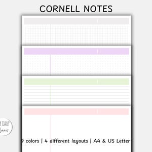 Puede incluir: Una página de planificador digital con el texto "CORNELL NOTES" en la parte superior. La página presenta cuatro diseños diferentes en colores pastel, incluyendo secciones de cuadrícula, punteadas y con líneas. El texto "MY DAILY Plans" está en un círculo en la parte inferior izquierda.