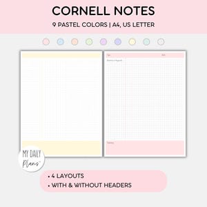 Modèle Cornell Notes : couleurs pastel, formats A4 et lettre (téléchargement numérique au format PDF)