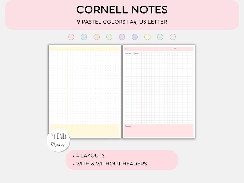Cornell Notes Template: Pastel Colors, A4 & Letter Sizes (digital ...