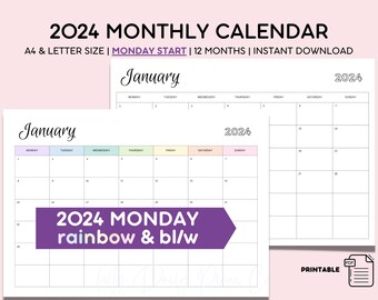 Printable 2024 Monthly Calendar Full Year |  Landscape Planner (MONDAY Start) | Month at a Glance | A4 , Letter Size | Instant Download