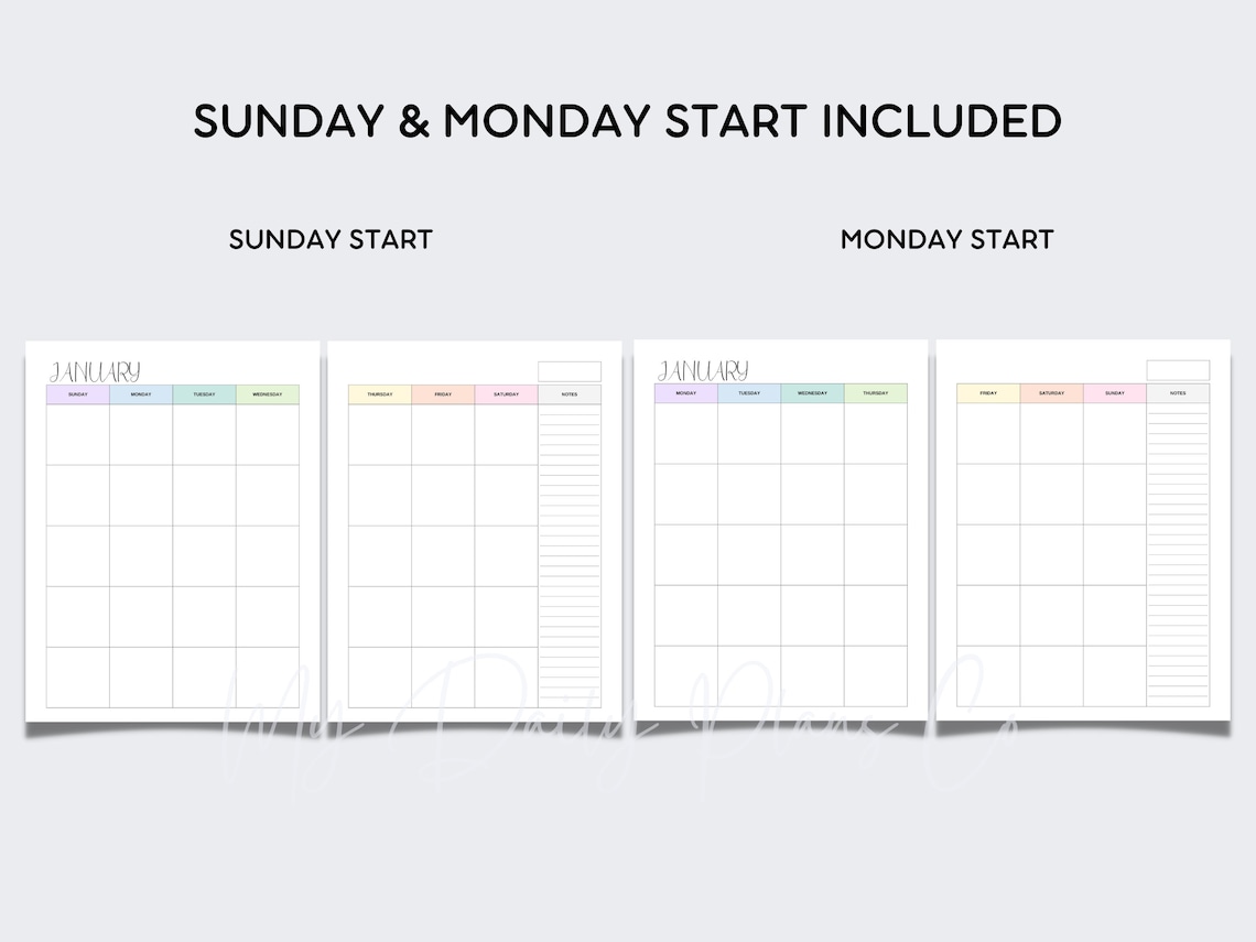 Printable Blank Monthly Calendar Minimal Pastel Undated Month on 2 ...