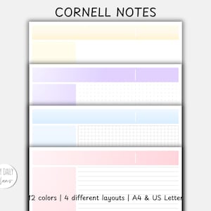 May include: A digital planner featuring Cornell Notes layouts in various pastel colors. The image displays four different layouts with options for A4 and US Letter sizes. The text at the top reads "CORNELL NOTES". The bottom text reads "12 colors | 4 different layouts | A4 & US Letter".