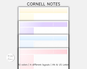 Cornell Notes Template, student notes, graphed, rulled, blank, dotted, Pastel Colors, A4 & Letter Size (PDF Download)
