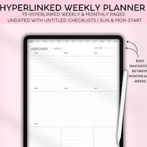 Puede incluir: Un planificador semanal digital en la pantalla de una tableta. El planificador es para enero y muestra la primera semana del mes. El planificador tiene un diseño en blanco y negro con un diseño simple. El planificador no está fechado e incluye una sección para notas.